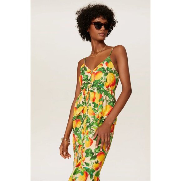 FARM RIO Orange Sands Citrus Print Midi Dress Orange Fruit Novelty Eyelet Linen - Picture 4 of 12